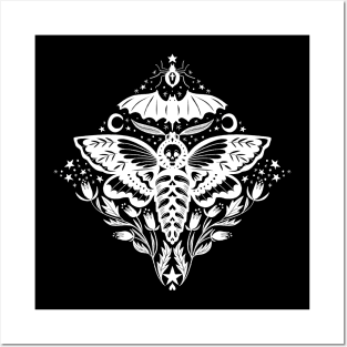 Skull Moth Damask white Posters and Art